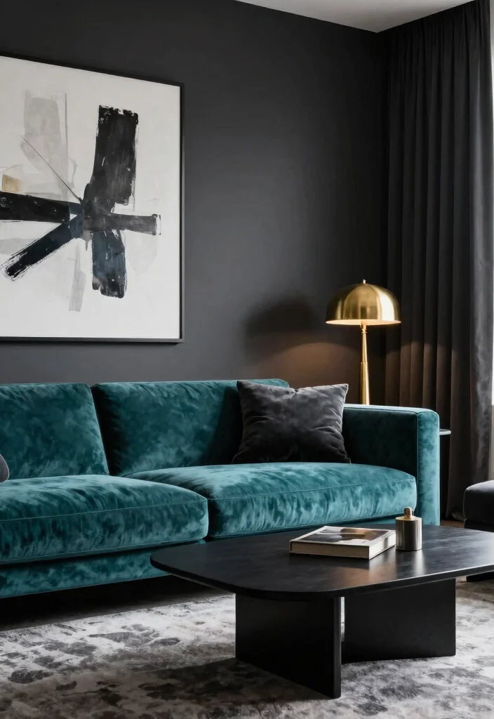 17 Teal Velvet Sofa Living Room Ideas Dramatic and Luxe - 2. Bold Contrast 1