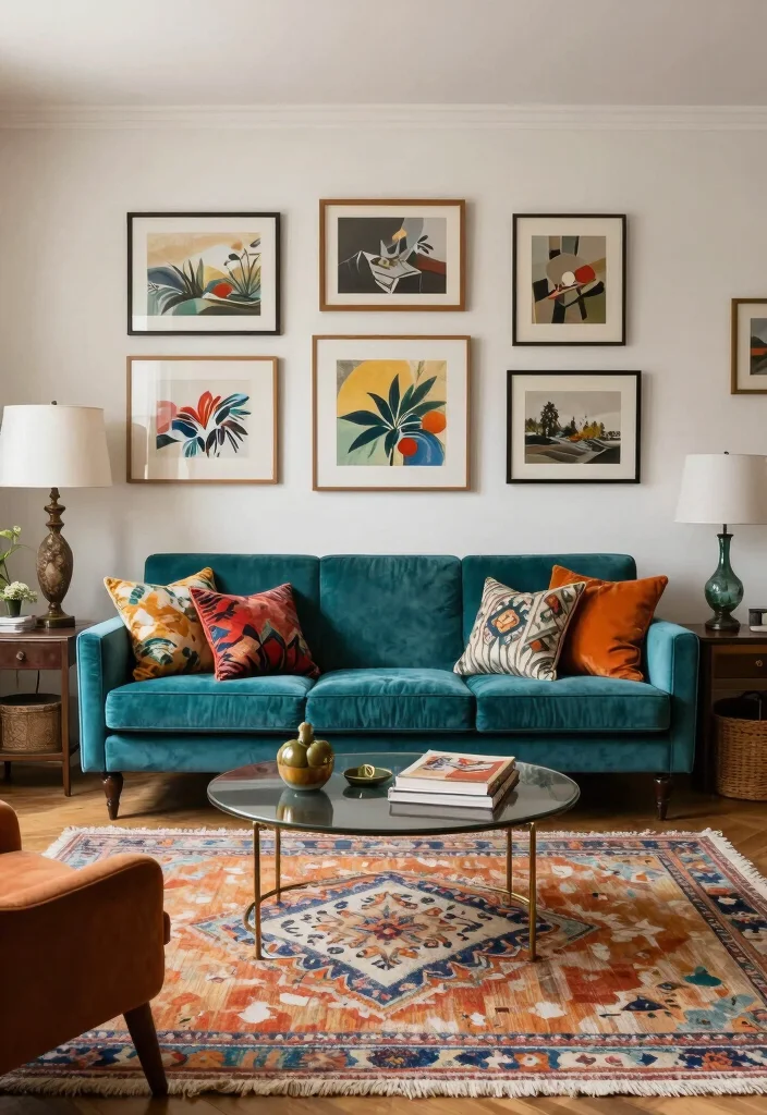 17 Teal Velvet Sofa Living Room Ideas Dramatic and Luxe - 3. Eclectic Mix 1