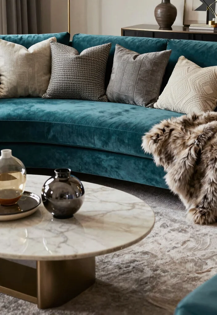 17 Teal Velvet Sofa Living Room Ideas Dramatic and Luxe - 4. Luxurious Textures 1