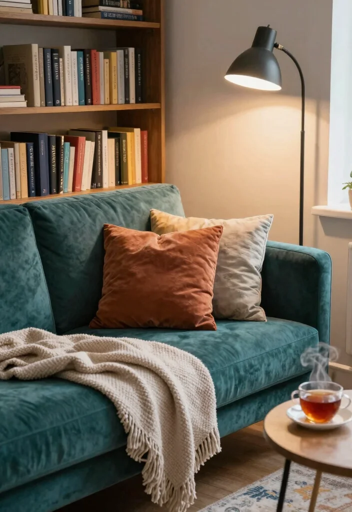 17 Teal Velvet Sofa Living Room Ideas Dramatic and Luxe - 5. Cozy Reading Nook 1