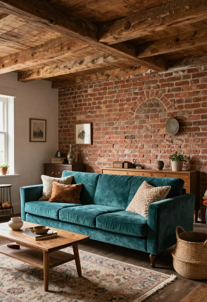 17 Teal Velvet Sofa Living Room Ideas Dramatic and Luxe - 6. Rustic Elegance 1
