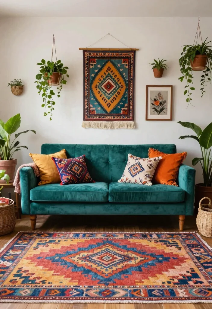 17 Teal Velvet Sofa Living Room Ideas Dramatic and Luxe - 8. Bohemian Vibes 1