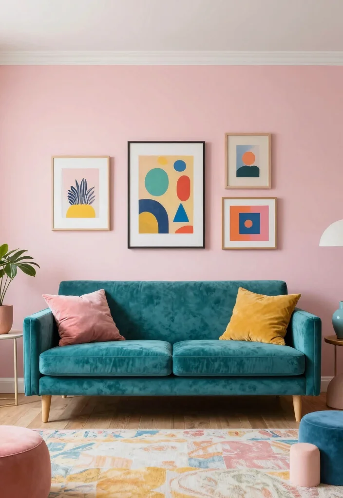 17 Teal Velvet Sofa Living Room Ideas Dramatic and Luxe - 9. Colorful Surroundings 1