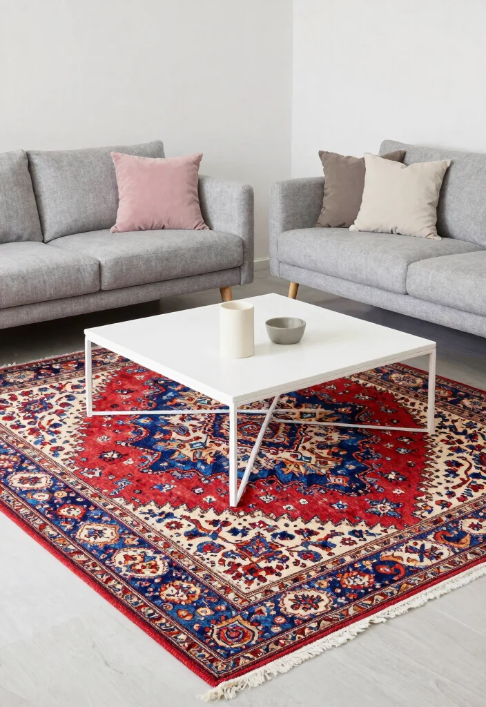 17 Turkish Rug Living Room Ideas Rich Pattern and Character - 10. Contemporary Contrast 1