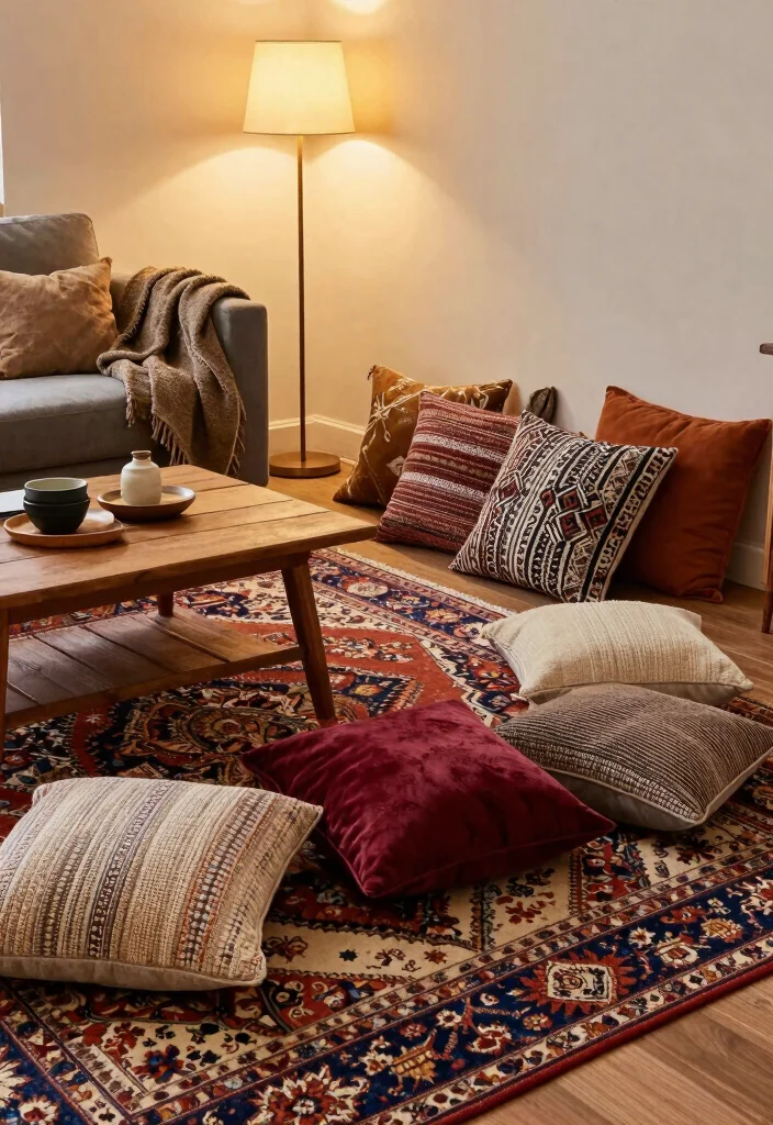 17 Turkish Rug Living Room Ideas Rich Pattern and Character - 12. Textured Layers with Pillows and Throws 1