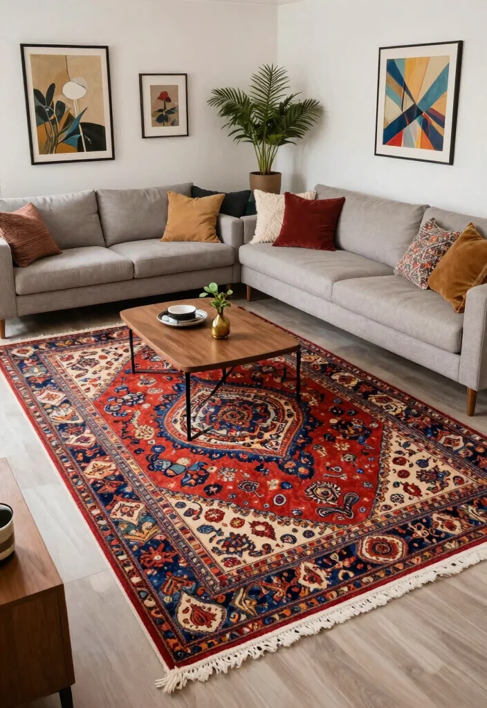 17 Turkish Rug Living Room Ideas Rich Pattern and Character - 13. Artistic Layouts 1