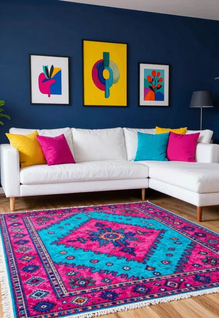 17 Turkish Rug Living Room Ideas Rich Pattern and Character - 16. Daring Color Combinations 1