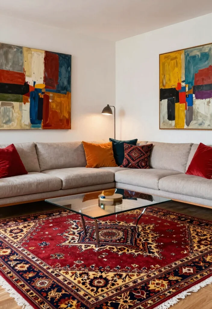 17 Turkish Rug Living Room Ideas Rich Pattern and Character - 4. Color Harmony with Wall Art 1