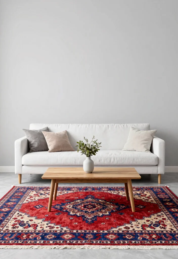 17 Turkish Rug Living Room Ideas Rich Pattern and Character - 6. Minimalist Approach with a Statement Rug 1