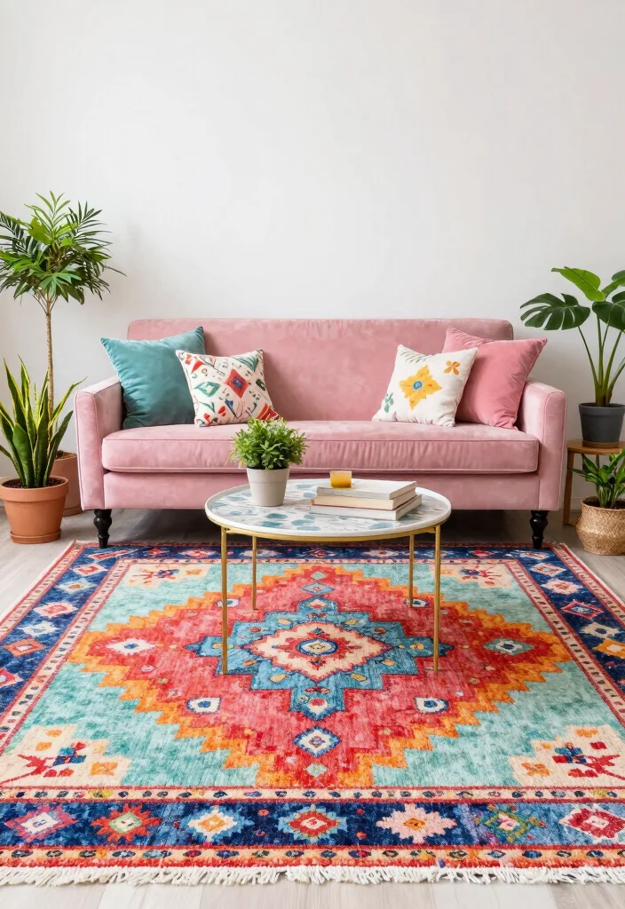 17 Velvet Couch Living Room Ideas Luxe and Inviting - 10. Accent with Colorful Rugs 1