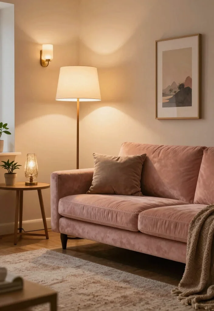 17 Velvet Couch Living Room Ideas Luxe and Inviting - 11. Create a Layered Lighting Approach 1