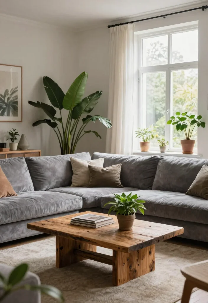 17 Velvet Couch Living Room Ideas Luxe and Inviting - 12. Use Natural Elements for Balance 1