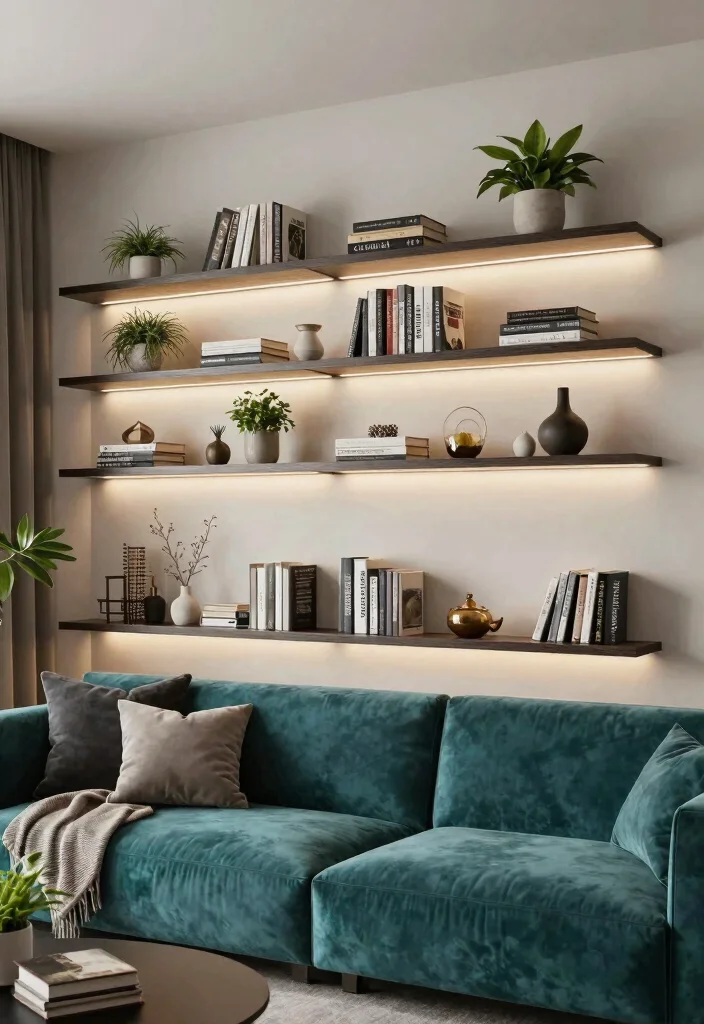 17 Velvet Couch Living Room Ideas Luxe and Inviting - 13. Embrace Open Shelving for Display 1