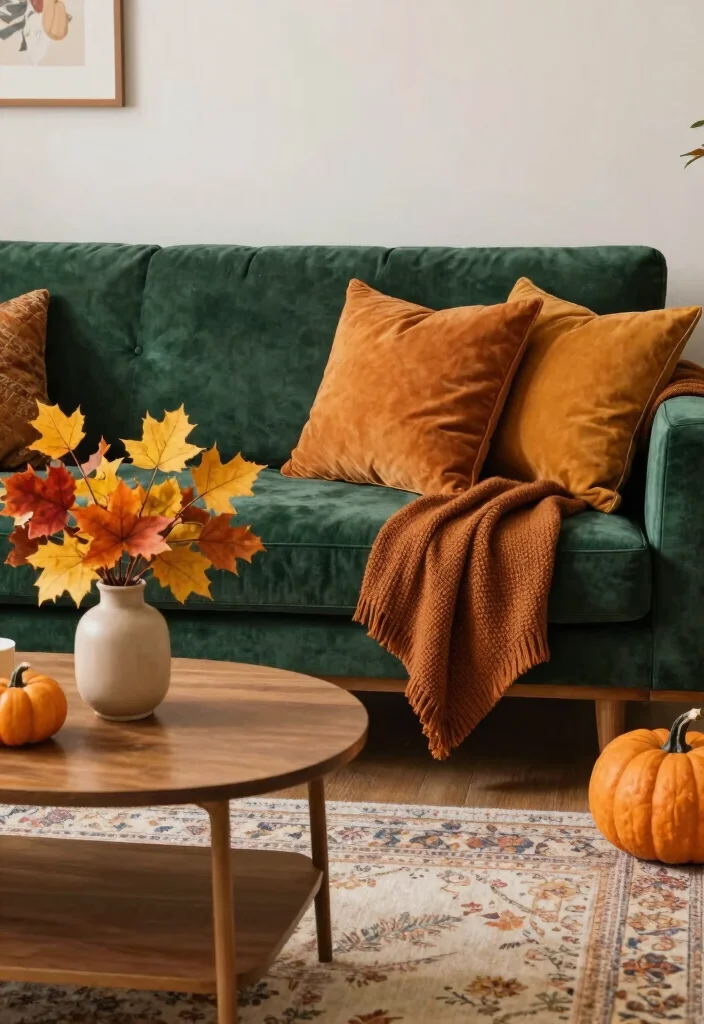 17 Velvet Couch Living Room Ideas Luxe and Inviting - 15. Incorporate Seasonal Decor 1