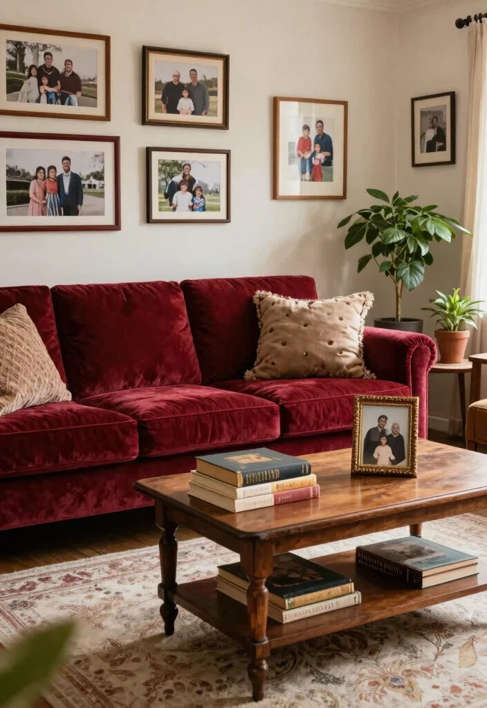 17 Velvet Couch Living Room Ideas Luxe and Inviting - 16. Personalize with Family Heirlooms 1