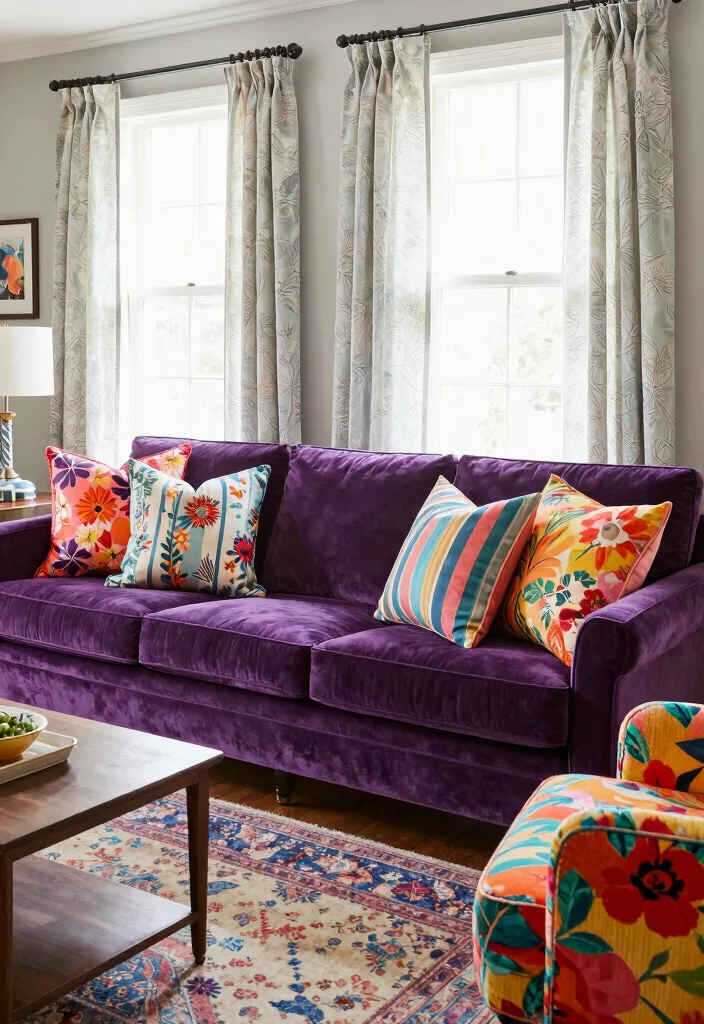17 Velvet Couch Living Room Ideas Luxe and Inviting - 7. Play with Patterns and Prints 1
