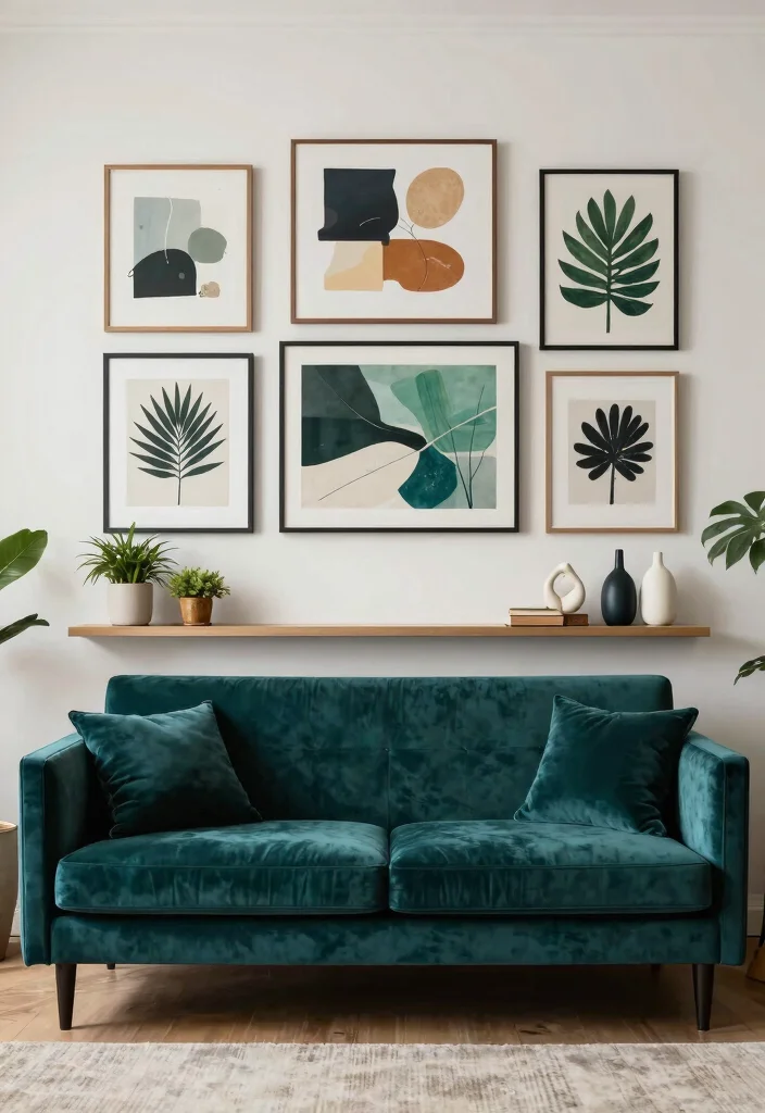 17 Velvet Couch Living Room Ideas Luxe and Inviting - 8. Artistic Displays to Enhance the Space 1