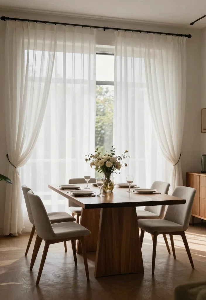 17 White Sheer Curtains Living Room Ideas for a Bright Minimal Style - 13. Elegant Dining Area 1