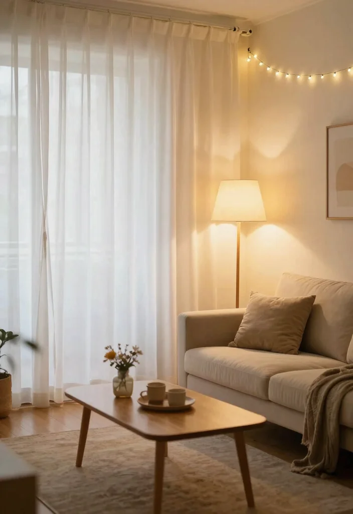 17 White Sheer Curtains Living Room Ideas for a Bright Minimal Style - 15. Warm Lighting 1