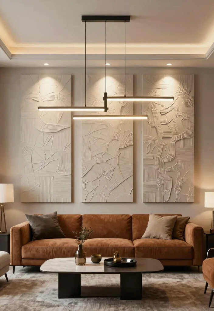 18 3D Wall Panels Living Room Ideas Modern Texture Focus - 9. Statement Lighting Above Panels 1