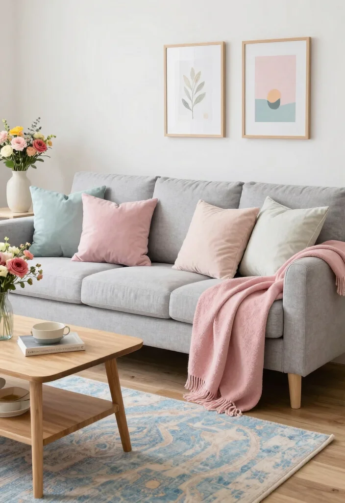 18 Gray Sofa Living Room Color Scheme Ideas Easy to Style - 1. Soft Pastels for a Gentle Vibe 1