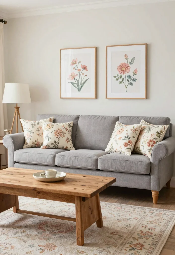 18 Gray Sofa Living Room Color Scheme Ideas Easy to Style - 11. Vintage Floral Patterns for a Playful Touch 1