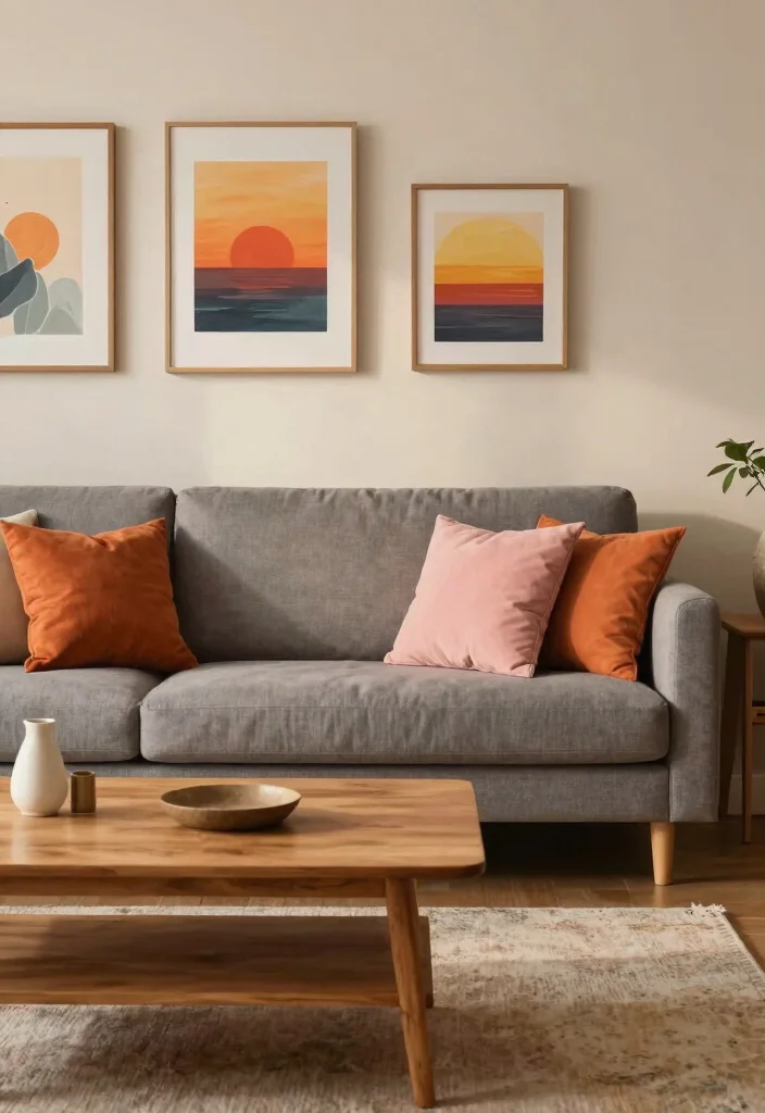 18 Gray Sofa Living Room Color Scheme Ideas Easy to Style - 14. Sunset Colors for a Warm Glow 1