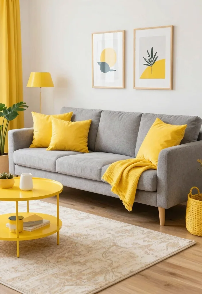 18 Gray Sofa Living Room Color Scheme Ideas Easy to Style - 16. Bright and Cheerful Yellows 1