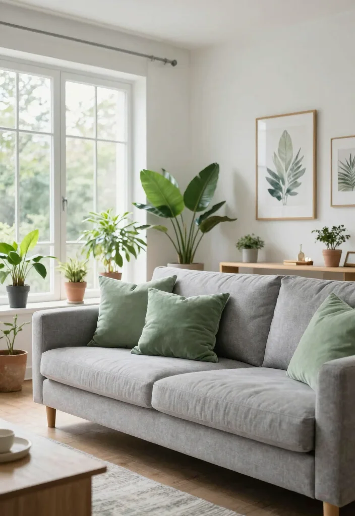 18 Gray Sofa Living Room Color Scheme Ideas Easy to Style - 17. Soft Grays and Greens for a Fresh Look 1