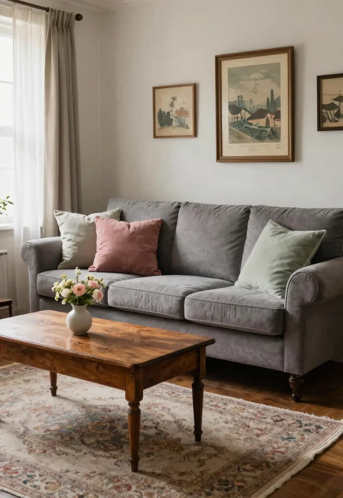 18 Gray Sofa Living Room Color Scheme Ideas Easy to Style - 6. Vintage Charm with Muted Colors 1
