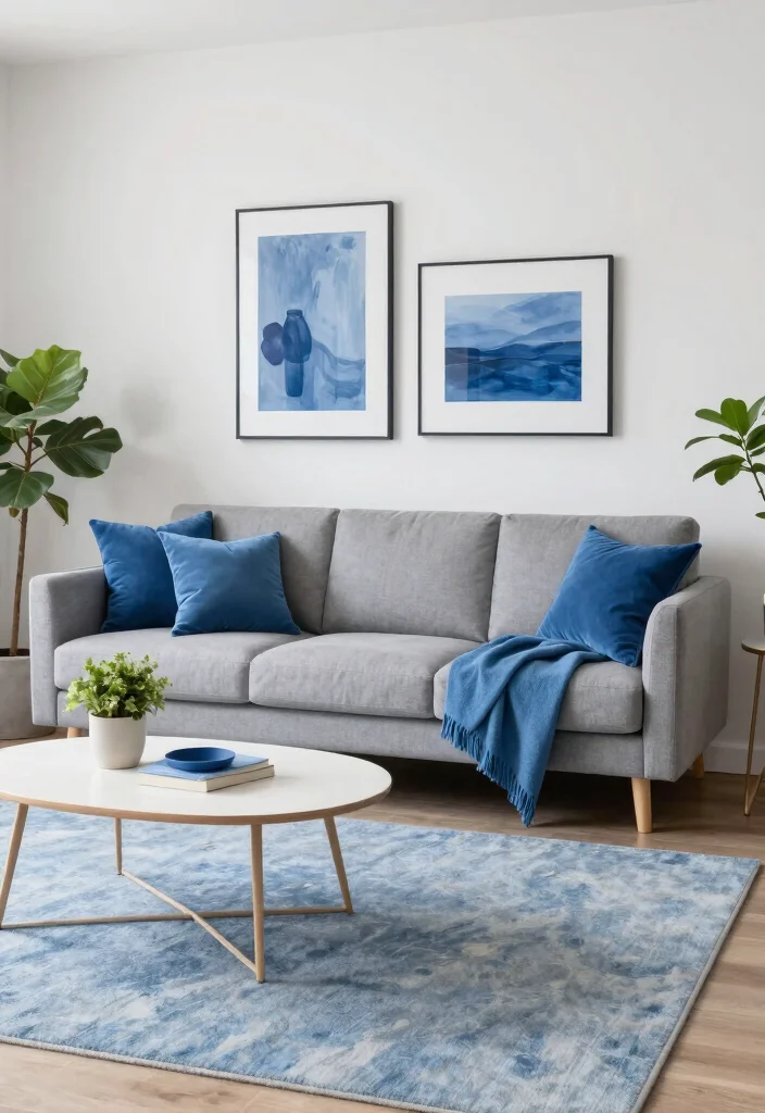 18 Gray Sofa Living Room Color Scheme Ideas Easy to Style - 7. Cool Blues for a Calming Space 1