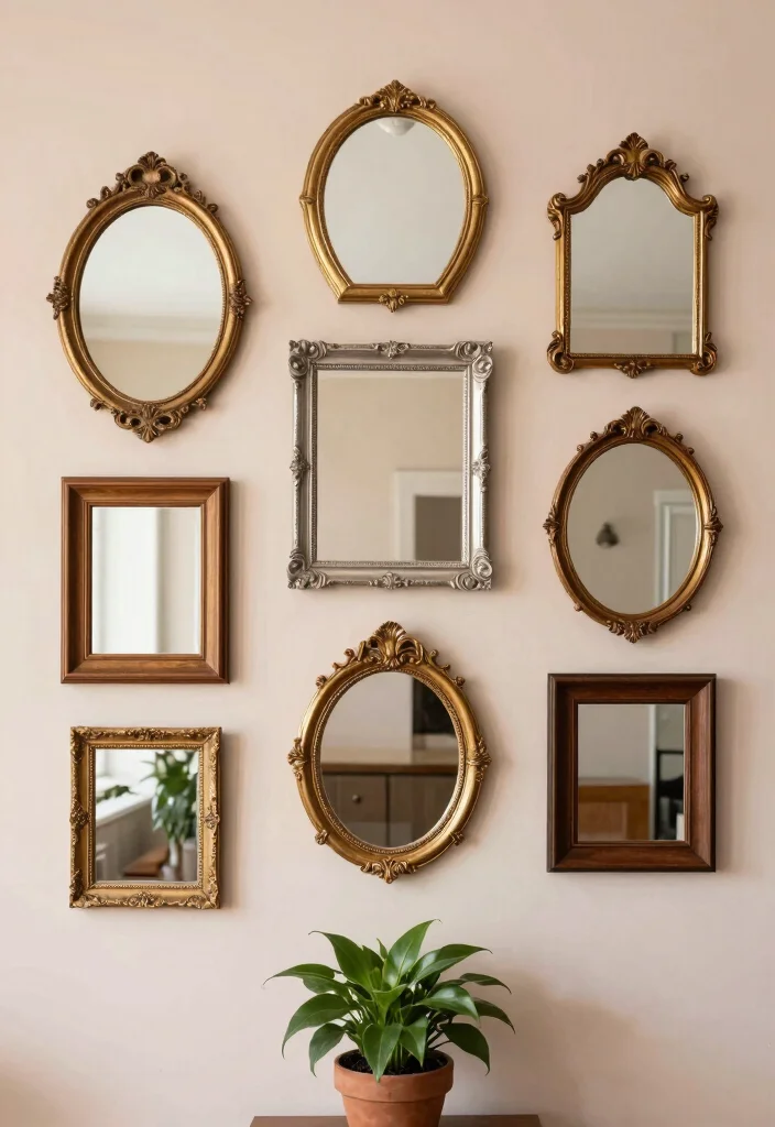 18 Mirror Feature Wall Living Room Ideas for a Bright, Spacious Feel - 1. Gallery of Vintage Mirrors 1