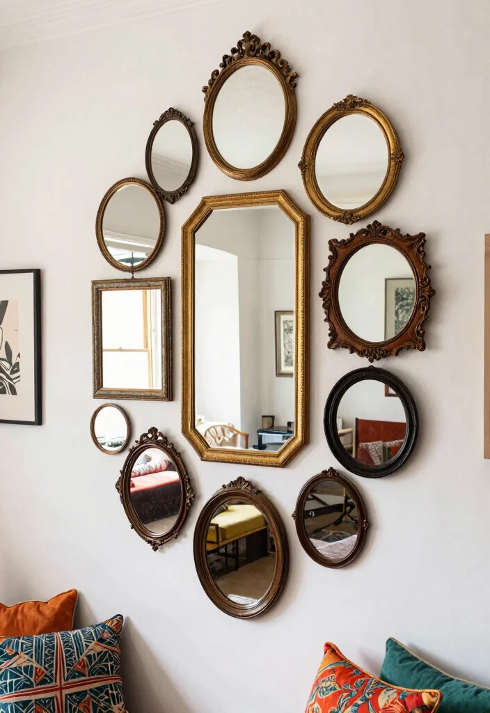 18 Mirror Feature Wall Living Room Ideas for a Bright, Spacious Feel - 10. Vintage Mirror Clusters 1