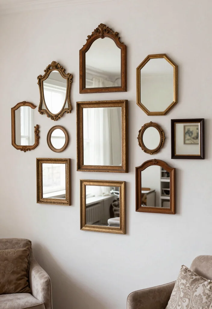 18 Mirror Feature Wall Living Room Ideas for a Bright, Spacious Feel - 15. Vintage Mirror Wall Art 1
