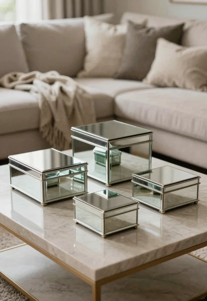 18 Mirror Feature Wall Living Room Ideas for a Bright, Spacious Feel - 16. Mirrored Decorative Boxes 1