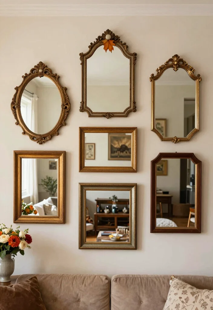 18 Mirror Feature Wall Living Room Ideas for a Bright, Spacious Feel - 17. Seasonal Mirror Arrangements 1