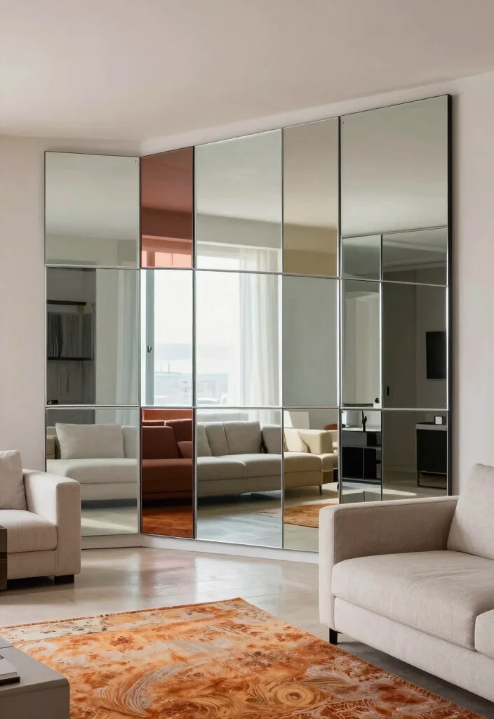 18 Mirror Feature Wall Living Room Ideas for a Bright, Spacious Feel - 3. Mirrored Accent Wall 1