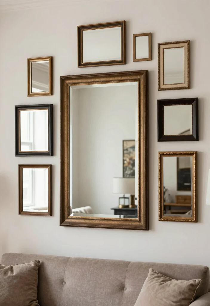 18 Mirror Feature Wall Living Room Ideas for a Bright, Spacious Feel - 6. Layering Mirrors 1