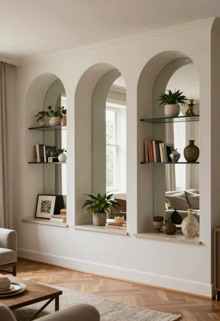 18 Mirror Feature Wall Living Room Ideas for a Bright, Spacious Feel - 7. Mirrored Panels in Architectural Nooks 1