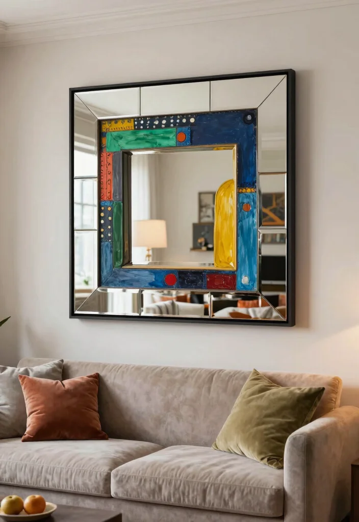 18 Mirror Feature Wall Living Room Ideas for a Bright, Spacious Feel - 8. Reflective Artwork 1