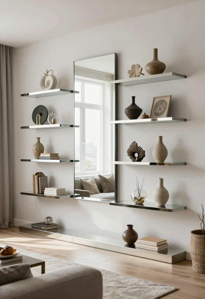 18 Mirror Feature Wall Living Room Ideas for a Bright, Spacious Feel - 9. Mirrors with Decorative Shelves 1