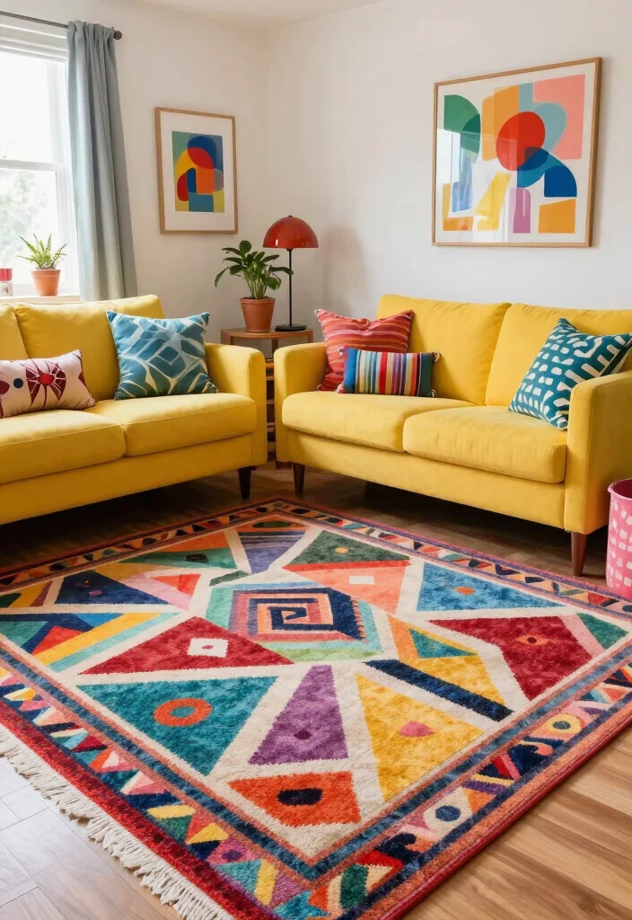 18 Rug in Living Room Ideas That Tie the Space Together - 14. Colorful, Playful Patterns 1