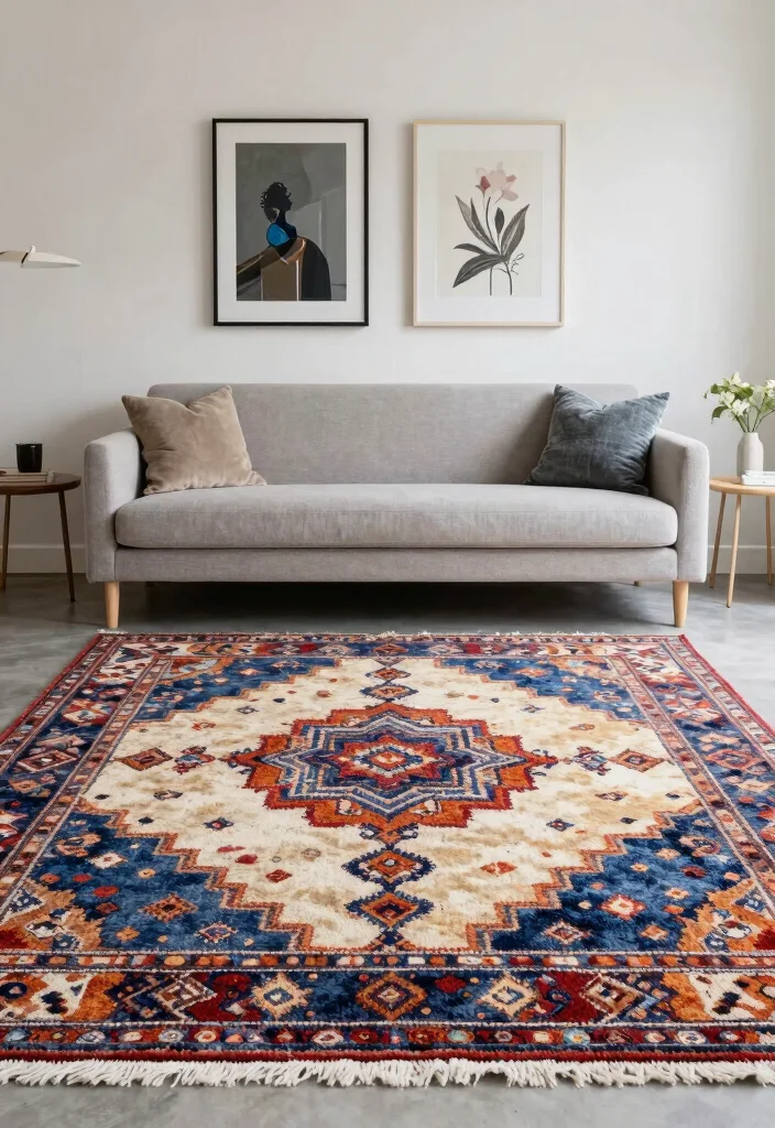 18 Rug in Living Room Ideas That Tie the Space Together - 17. Artistic Rugs 1