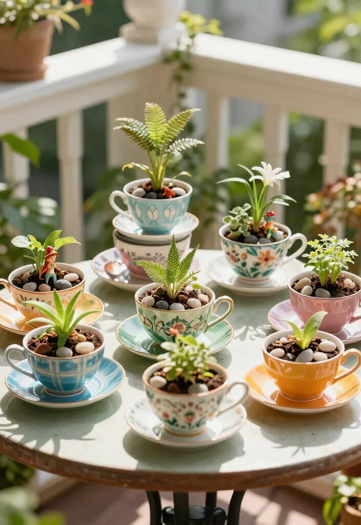 12 Fairy Garden Container Ideas That Fit on Small Balconies and Patios - 2. Repurposed Teacup Garden 1