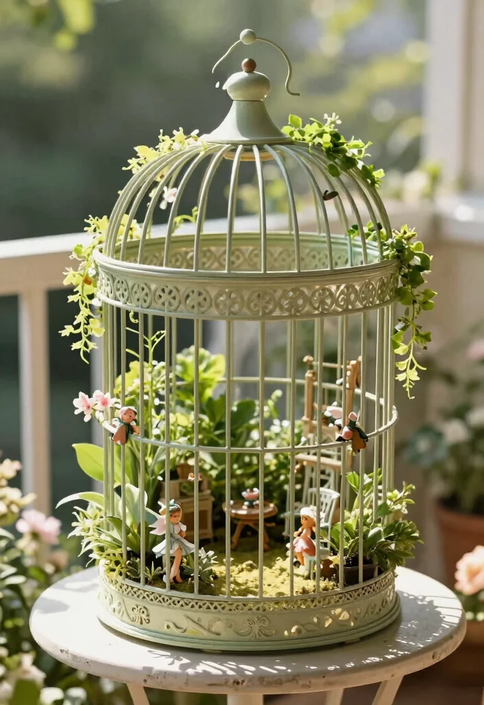 12 Fairy Garden Container Ideas That Fit on Small Balconies and Patios - 9. Fairy Garden in a Birdcage 1
