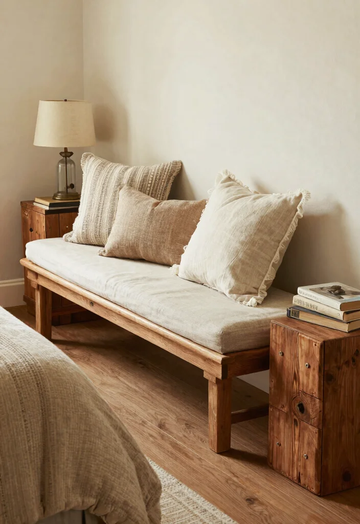 12 Farmhouse Bed Frame Ideas on a Budget That Look Expensive - 10. Rustic Bench Bed Frame 1