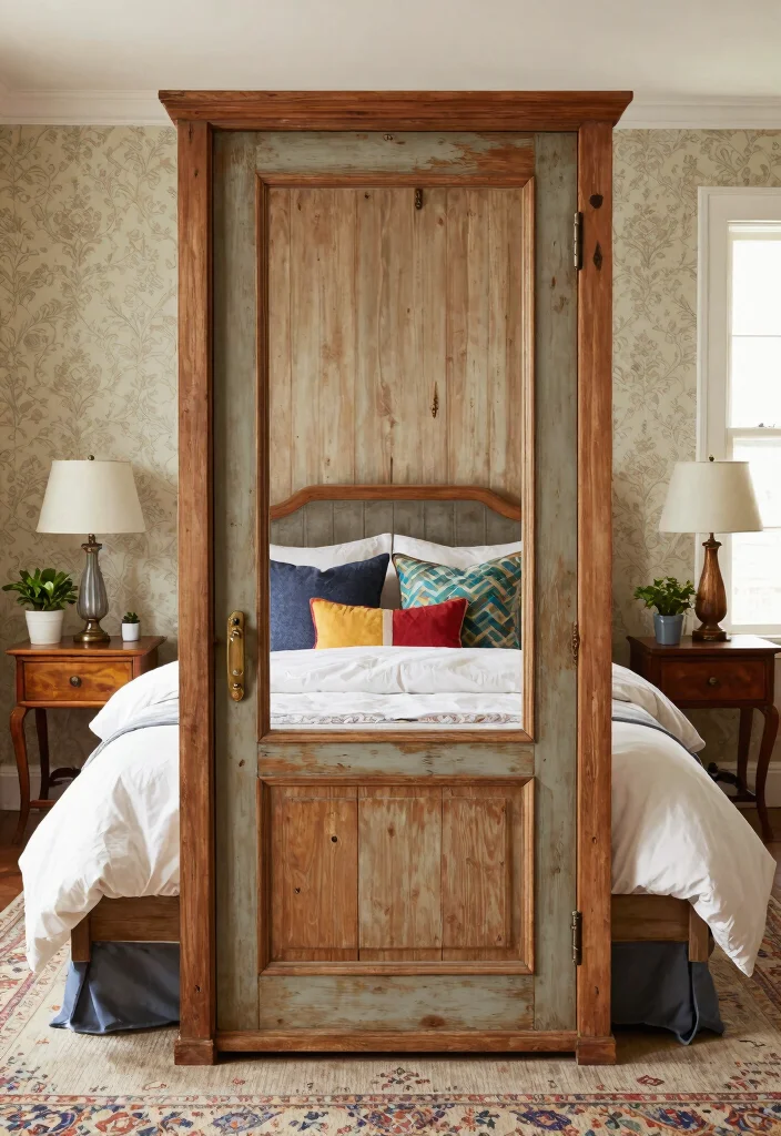 12 Farmhouse Bed Frame Ideas on a Budget That Look Expensive - 3. Vintage Door Bed Frame 1