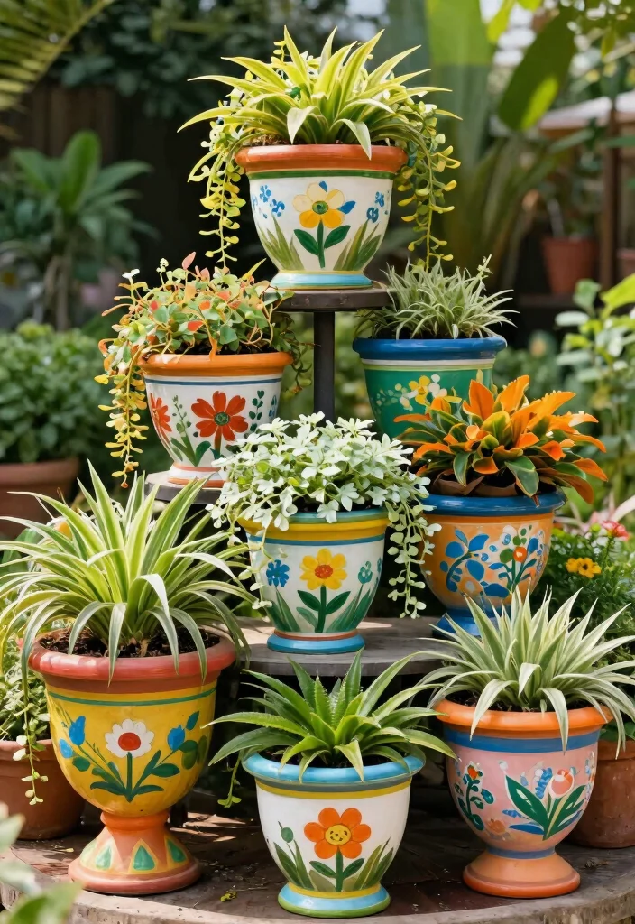 12 Hand Painted Planter Ideas That Don't Chip or Fade - 9. Multi-Tiered Planter Art 1