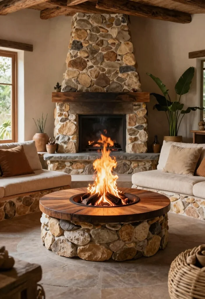 12 Indoor Fire Pit Ideas That Don't Require Venting or Permits - 9. Stone and Wood Combinations for Natural Beauty 1