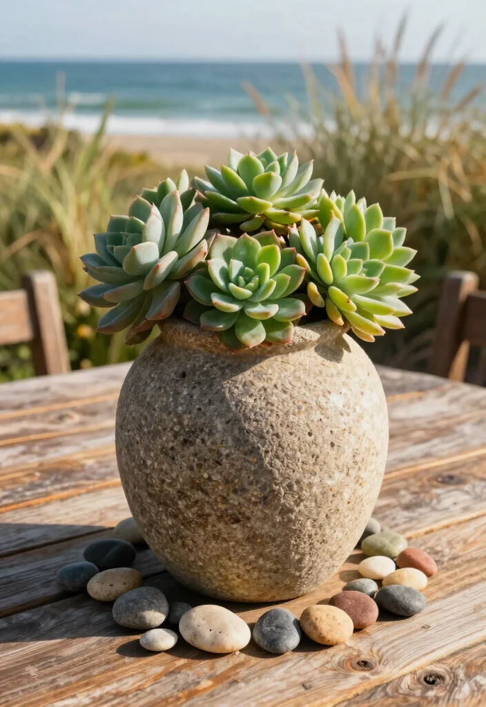 12 Outdoor Table Centerpiece Ideas That Don't Blow Away in Wind - 1. Heavy Stone Vases with Drought-Tolerant Succulents 1